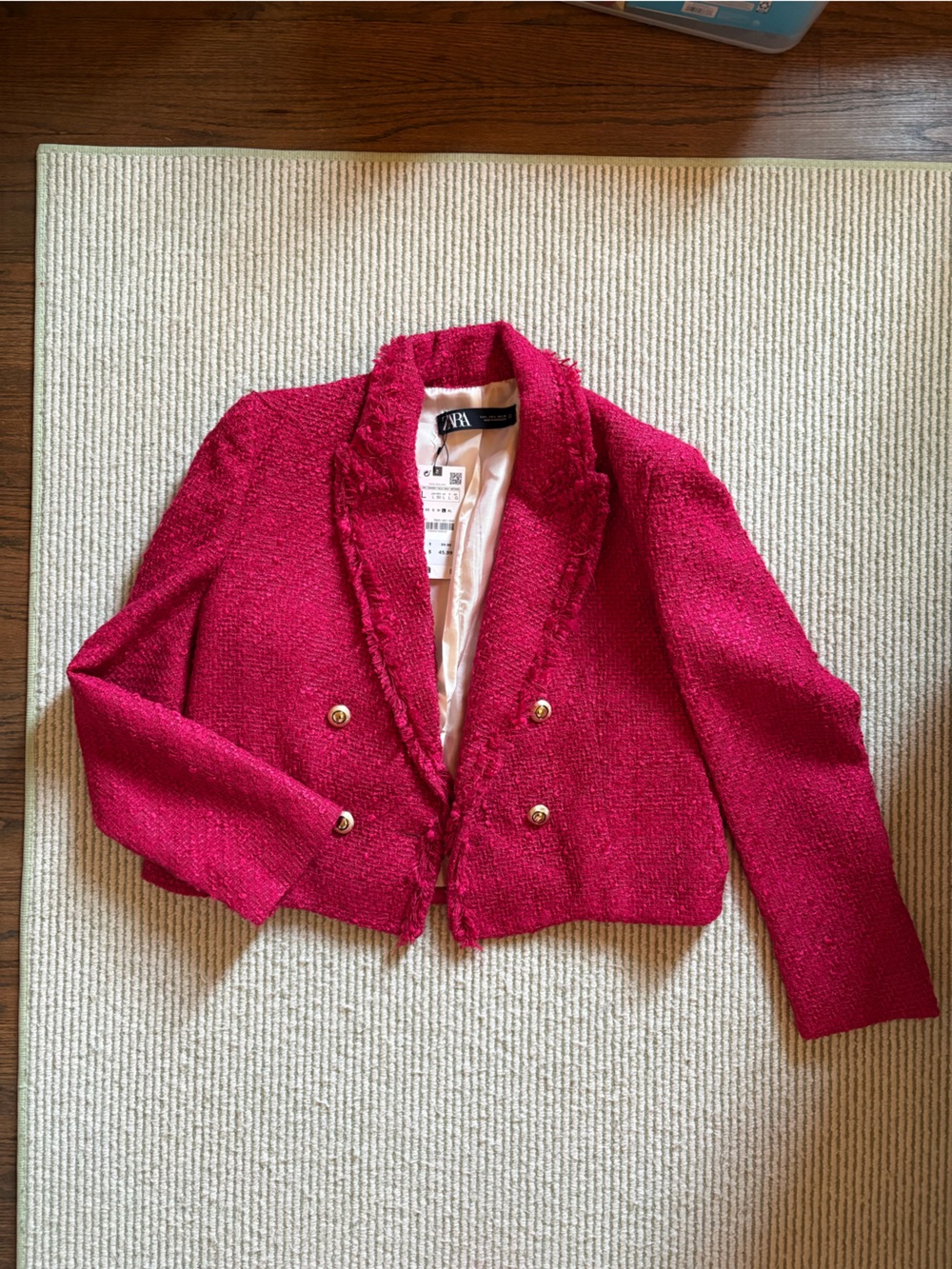 Zara Hot Pink Tweed Double-Breasted Cropped Jacket - Picture 2 of 5